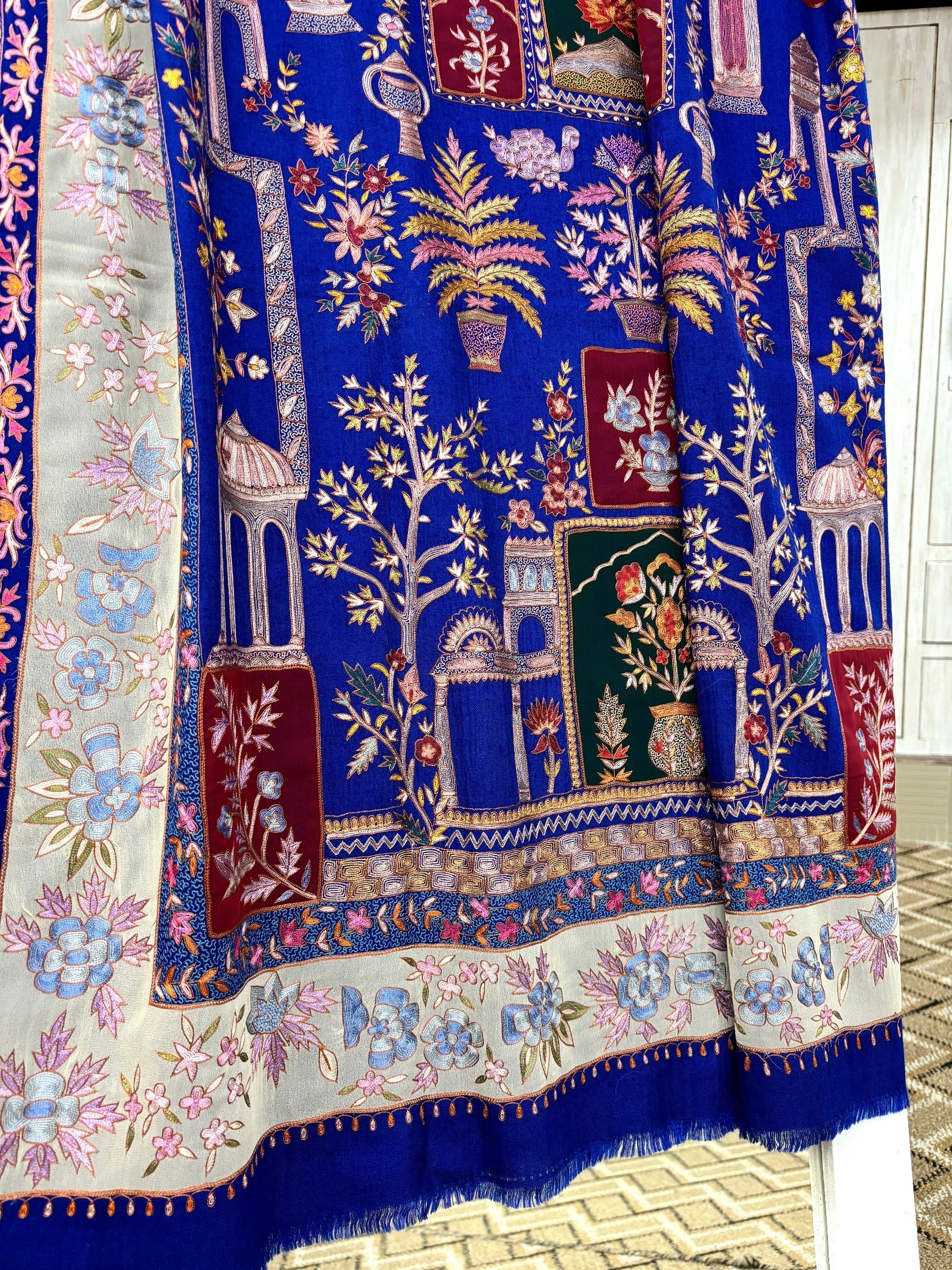 Blue Hand Embroidered Pashmina Shawl with Patch Work.