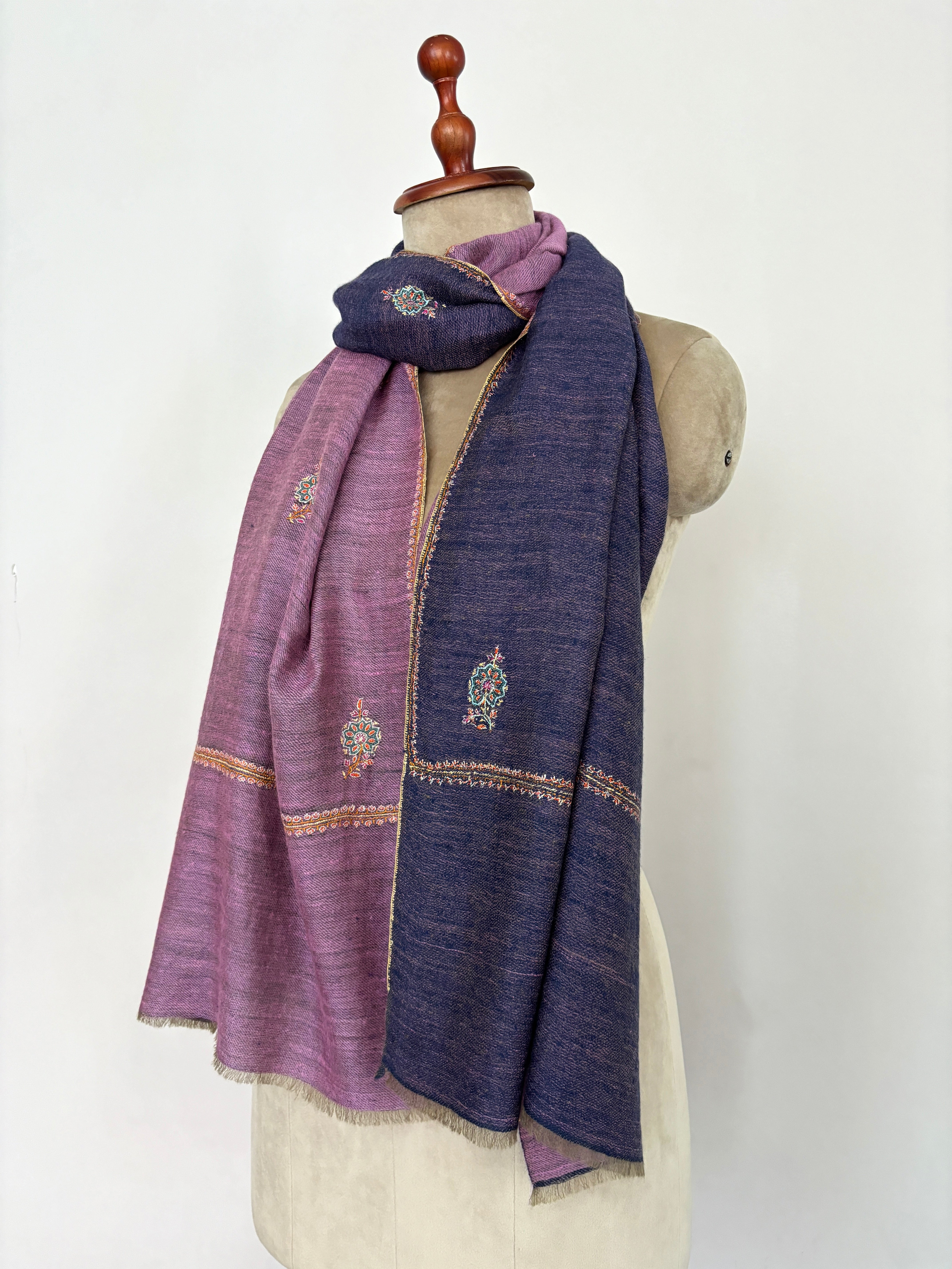 Mauve and Blue Dorukha Embroidered Cashmere Scarf