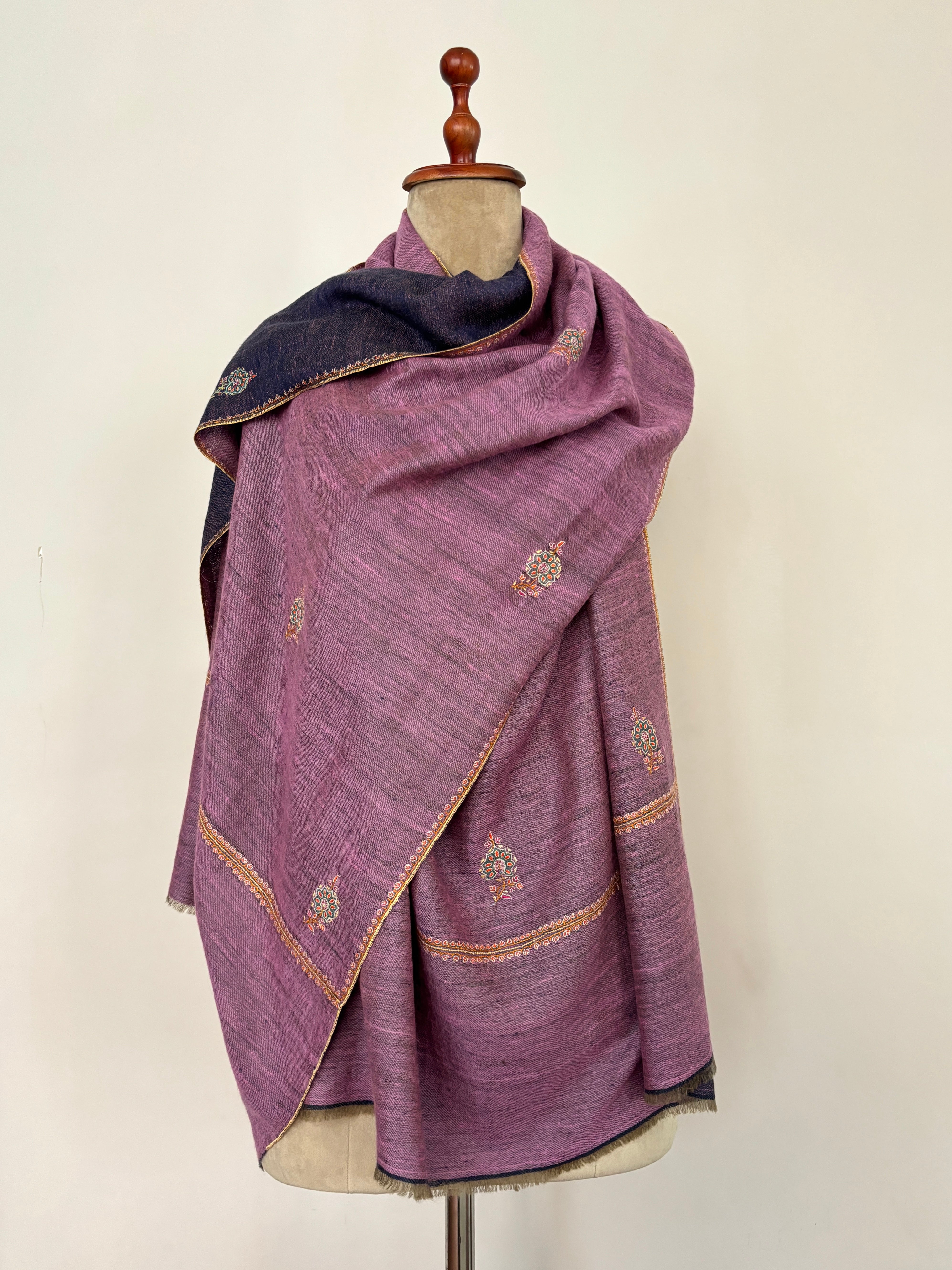 Mauve and Blue Dorukha Embroidered Cashmere Scarf