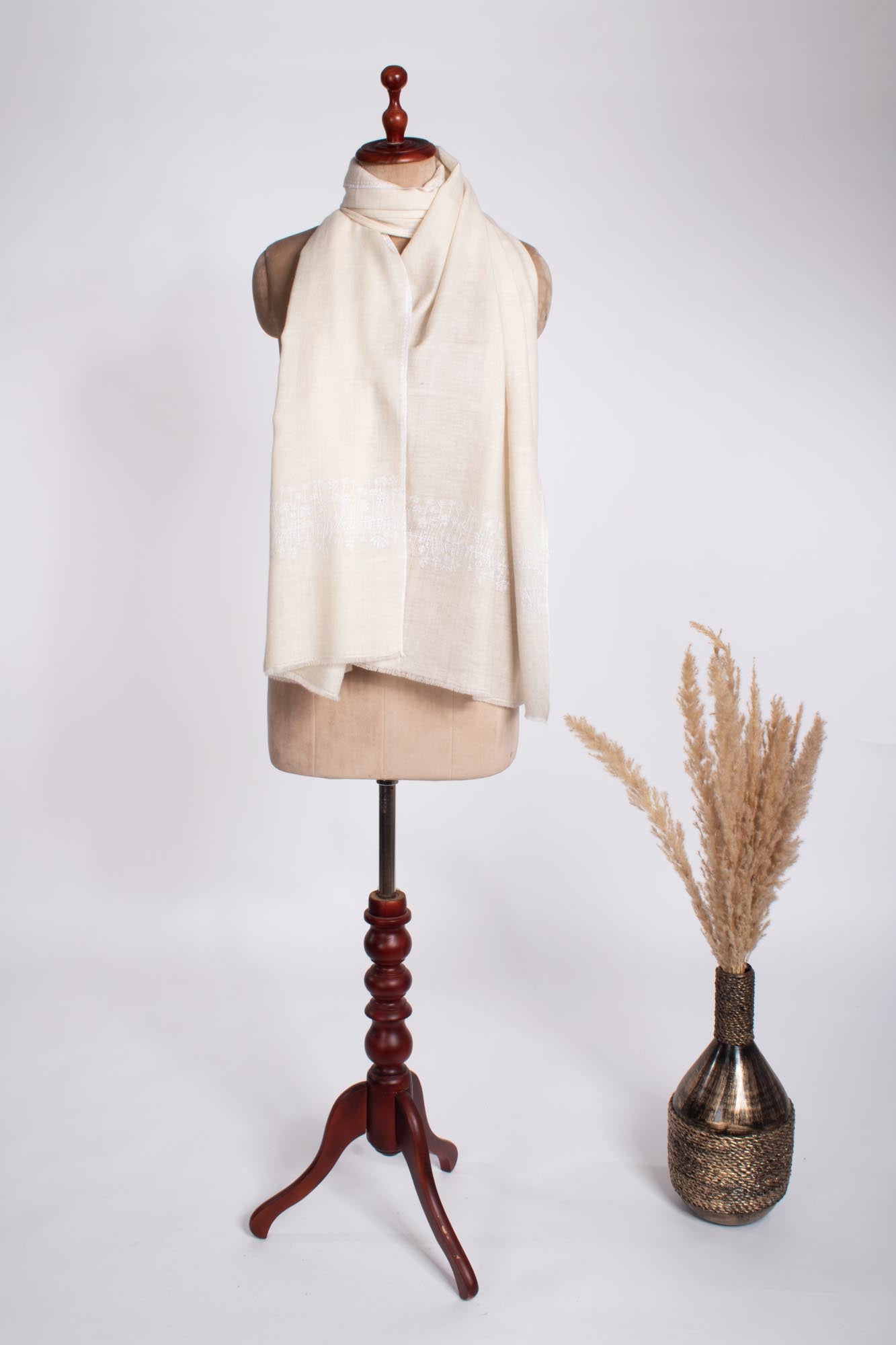 Cashmere Wrap in Ivory with Subtle White Embroidery - OKEHAMPTON