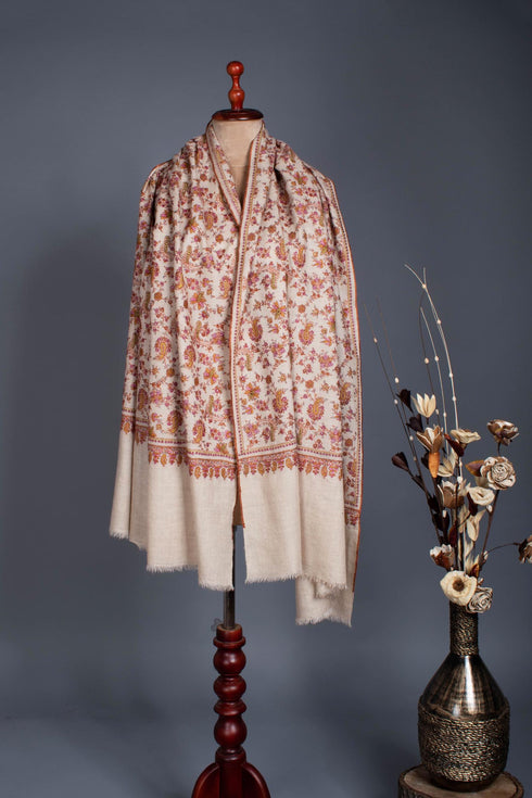 White Hand Embroidered Floral Pashmina Shawl - CENTRAL
