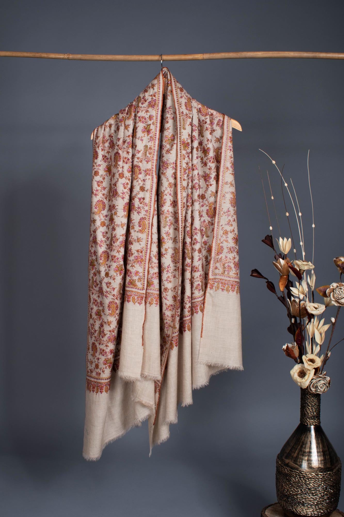 White Hand Embroidered Floral Pashmina Shawl - CENTRAL