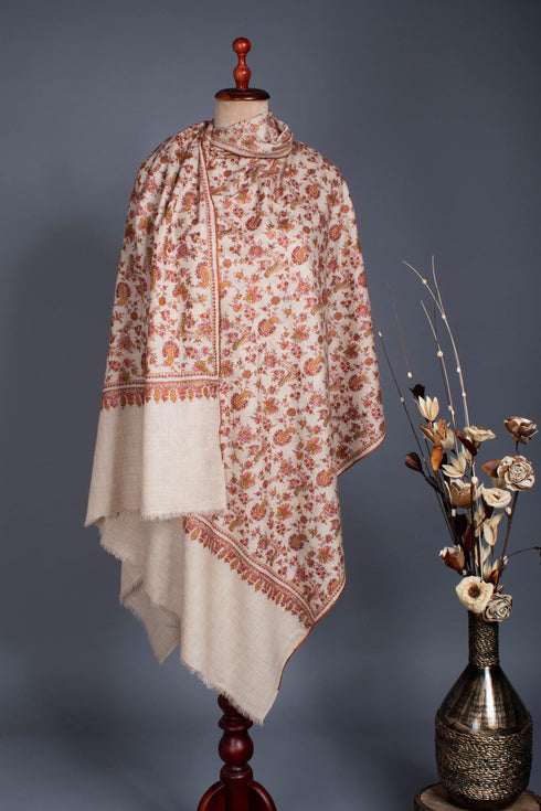 White Hand Embroidered Floral Pashmina Shawl - CENTRAL