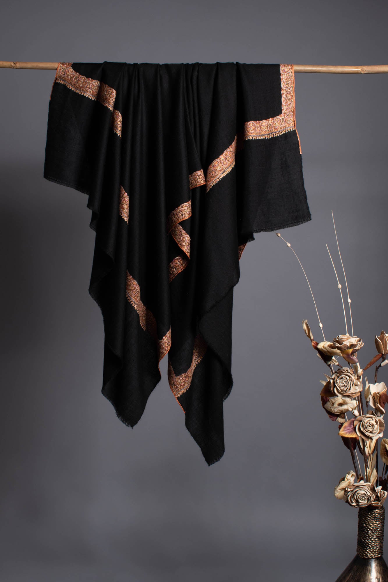 Jet Black Cashmere Pashmina Hand Embroidered Indian Wrap - BUCKS