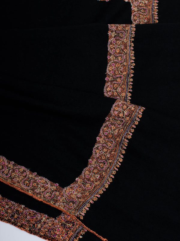 Jet Black Cashmere Pashmina Hand Embroidered Indian Wrap - BUCKS