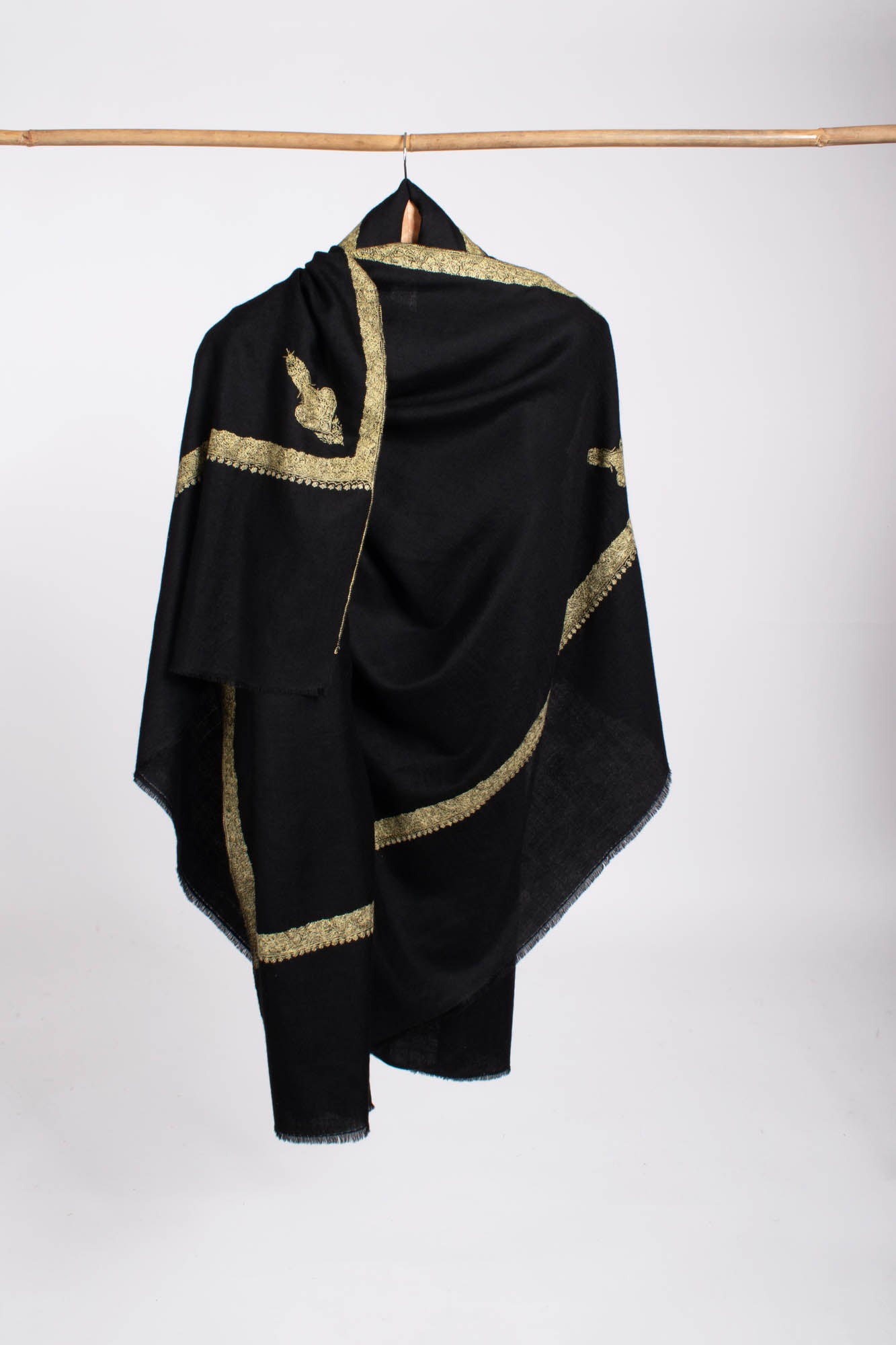 Jet Black Hashia Intricately Embroidered Oversized Wrap - PINE