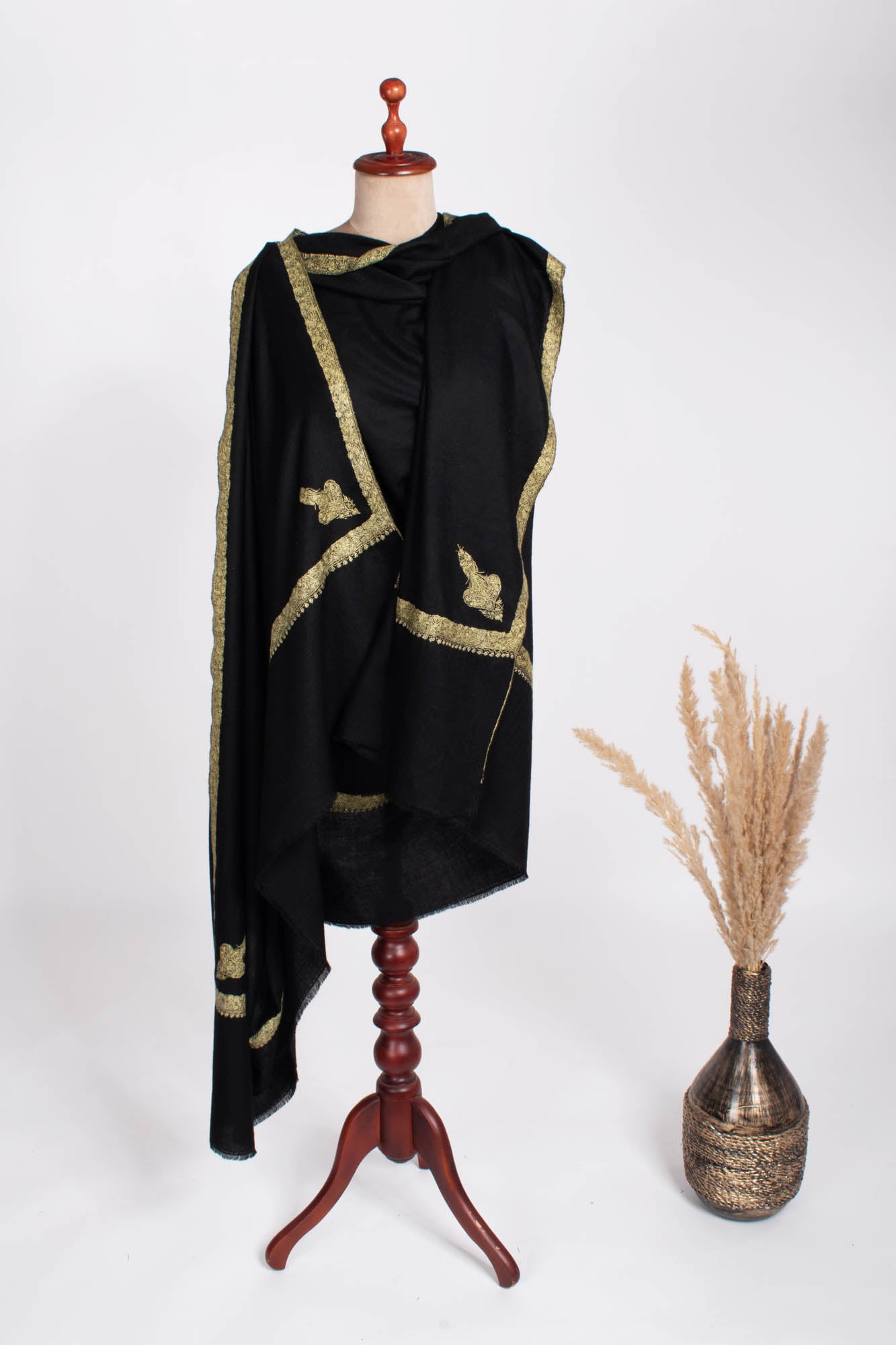 Jet Black Hashia Intricately Embroidered Oversized Wrap - PINE