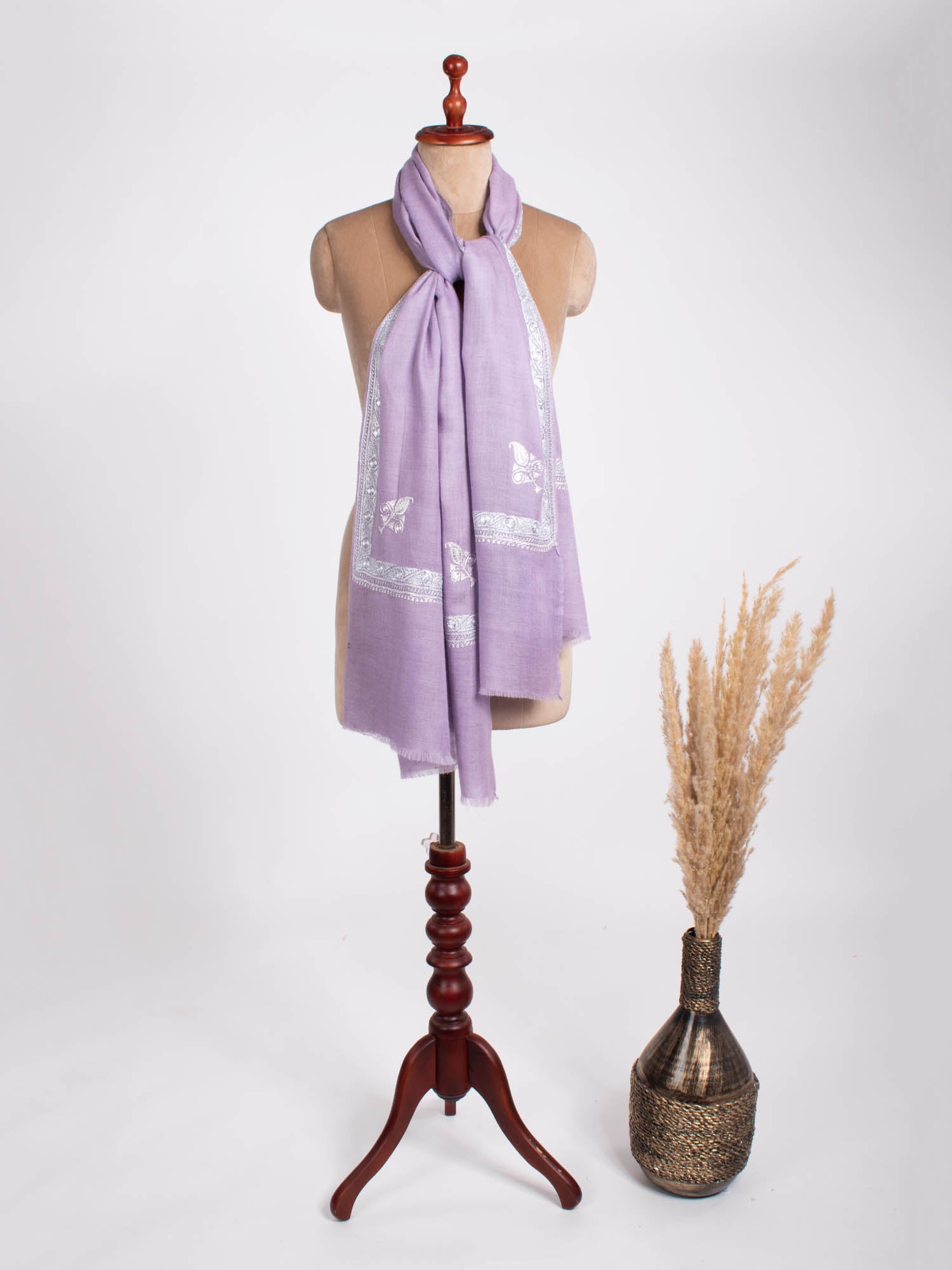 Lilac Tilla Embroidered Border Cashmere Scarf - BELMONT