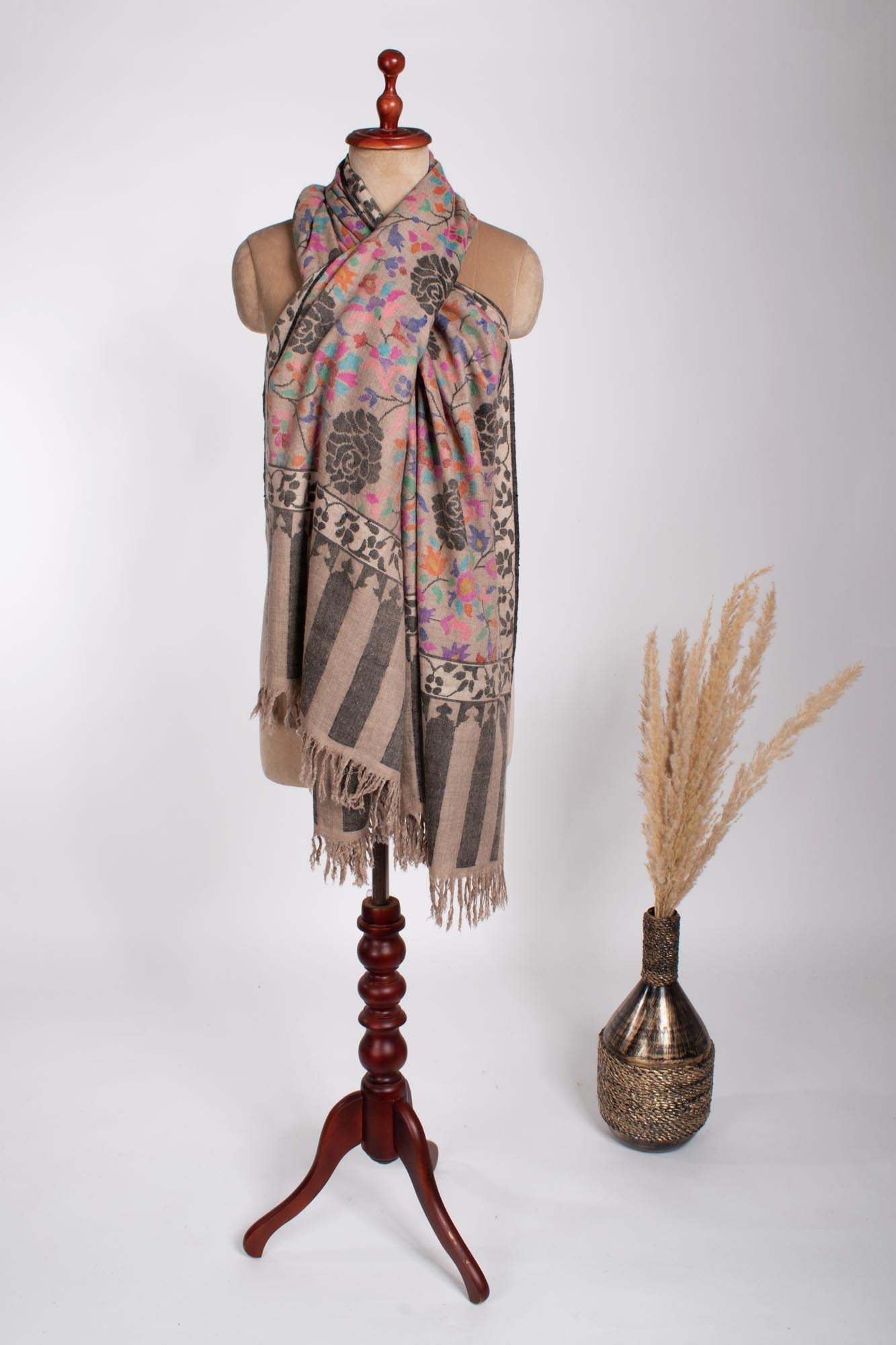 Beige Floral Handloomed Kani Pashmina Shawl - RAMSEY