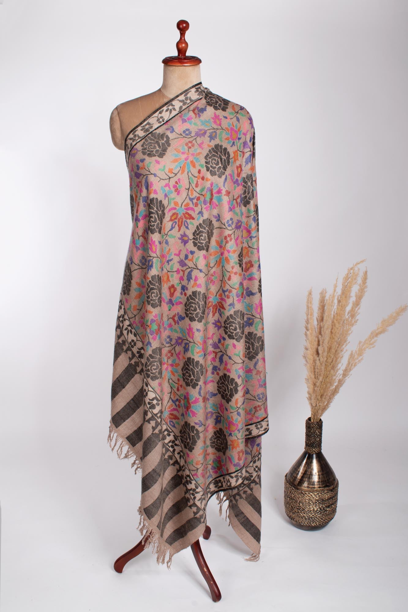 Beige Floral Handloomed Kani Pashmina Shawl - RAMSEY