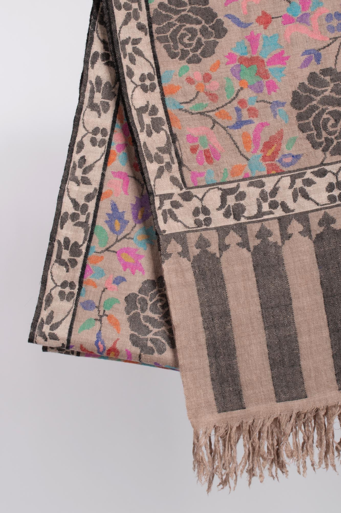 Kani Pashmina shawl di beige floreale a mano floreale - Ramsey