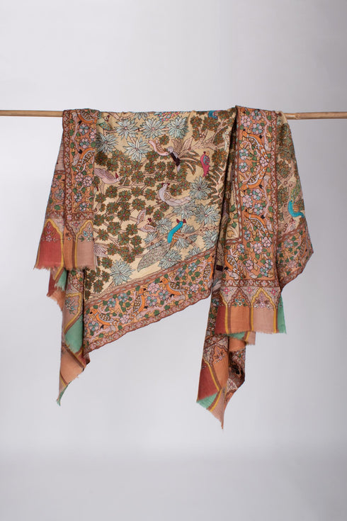 Luxurious Shawl with Kalamkari Hand-painted and Embroidered Detailing - TONK