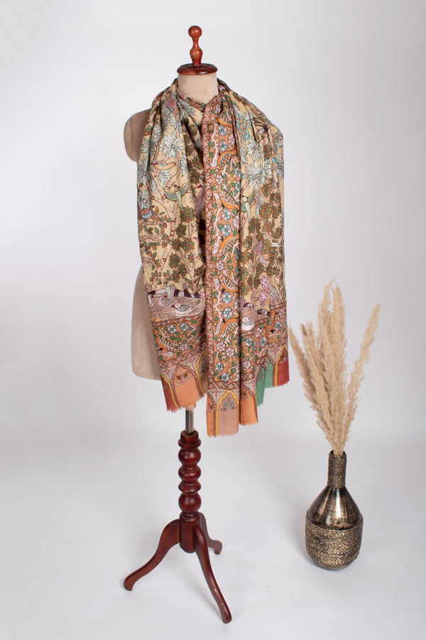 Luxurious Shawl with Kalamkari Hand-painted and Embroidered Detailing - TONK