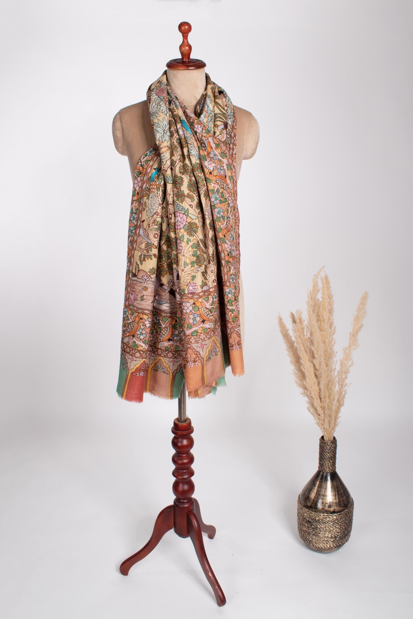 Luxurious Shawl with Kalamkari Hand-painted and Embroidered Detailing - TONK