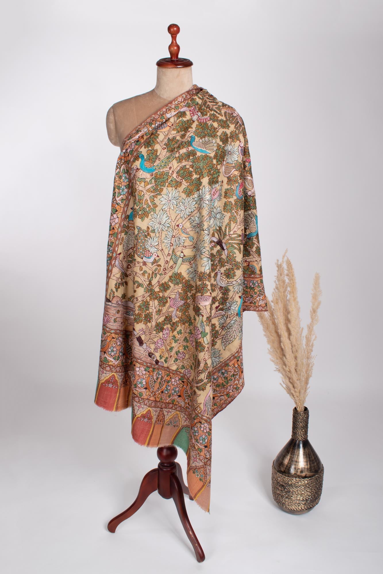 Luxurious Shawl with Kalamkari Hand-painted and Embroidered Detailing - TONK