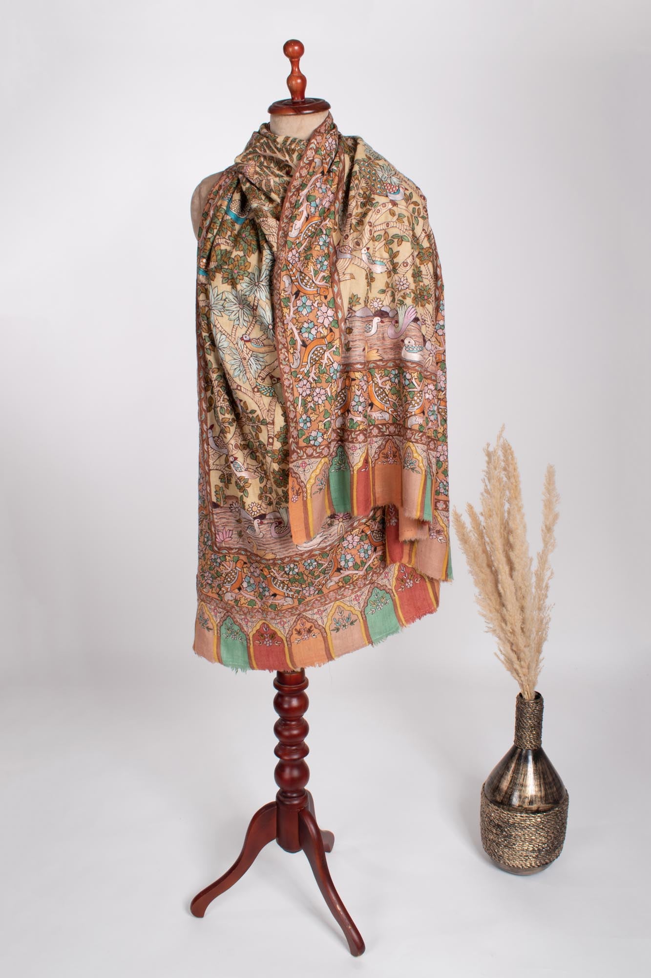 Luxurious Shawl with Kalamkari Hand-painted and Embroidered Detailing - TONK