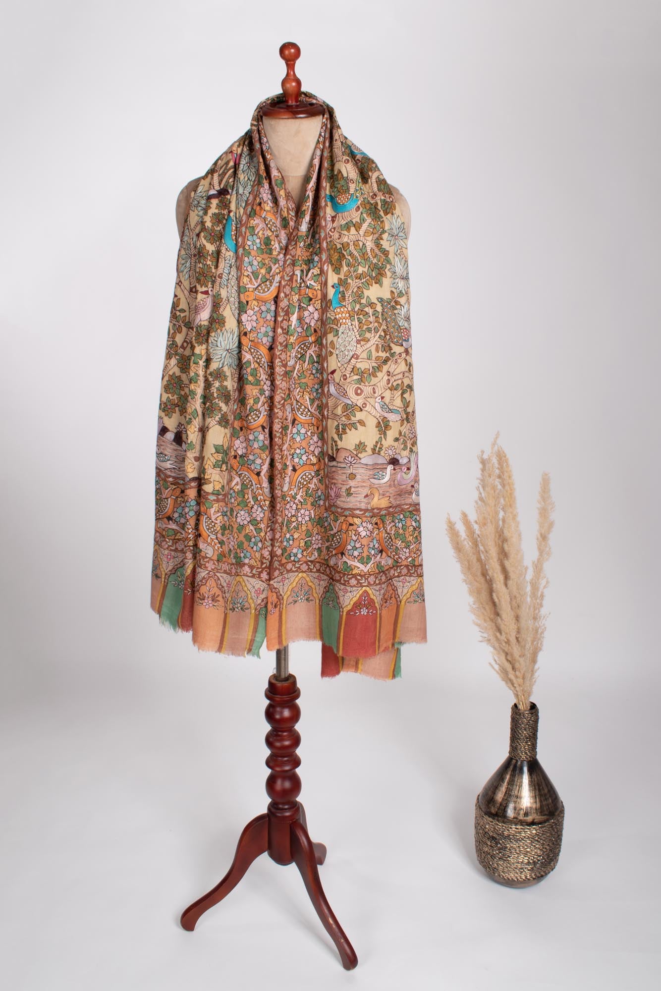 Luxurious Shawl with Kalamkari Hand-painted and Embroidered Detailing - TONK