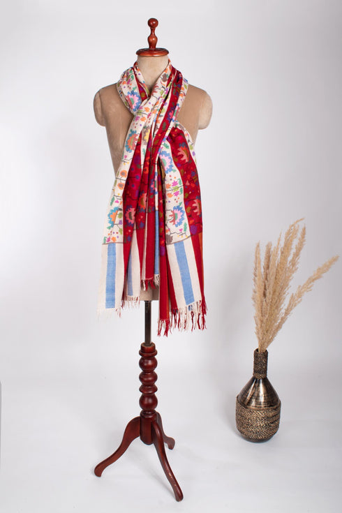 Red White Artistic Handloomed Kani Pashmina Shawl - AYLESBURY