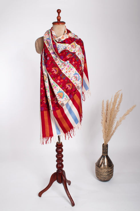 Red White Artistic Handloomed Kani Pashmina Shawl - AYLESBURY