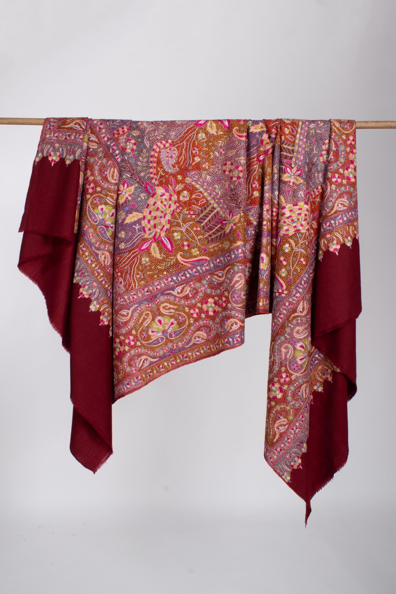 Maroon Hand Embroidered Papermachie Shawl - BARISHAL