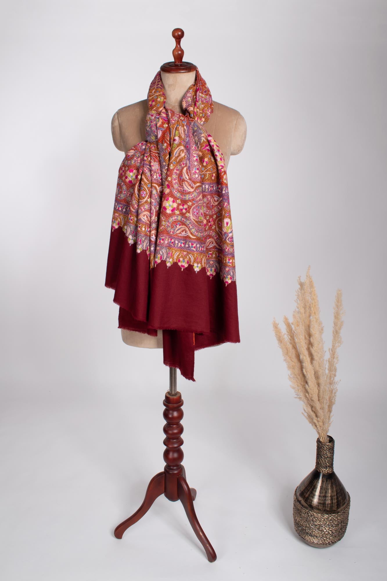 Maroon Hand Embroidered Papermachie Shawl - BARISHAL