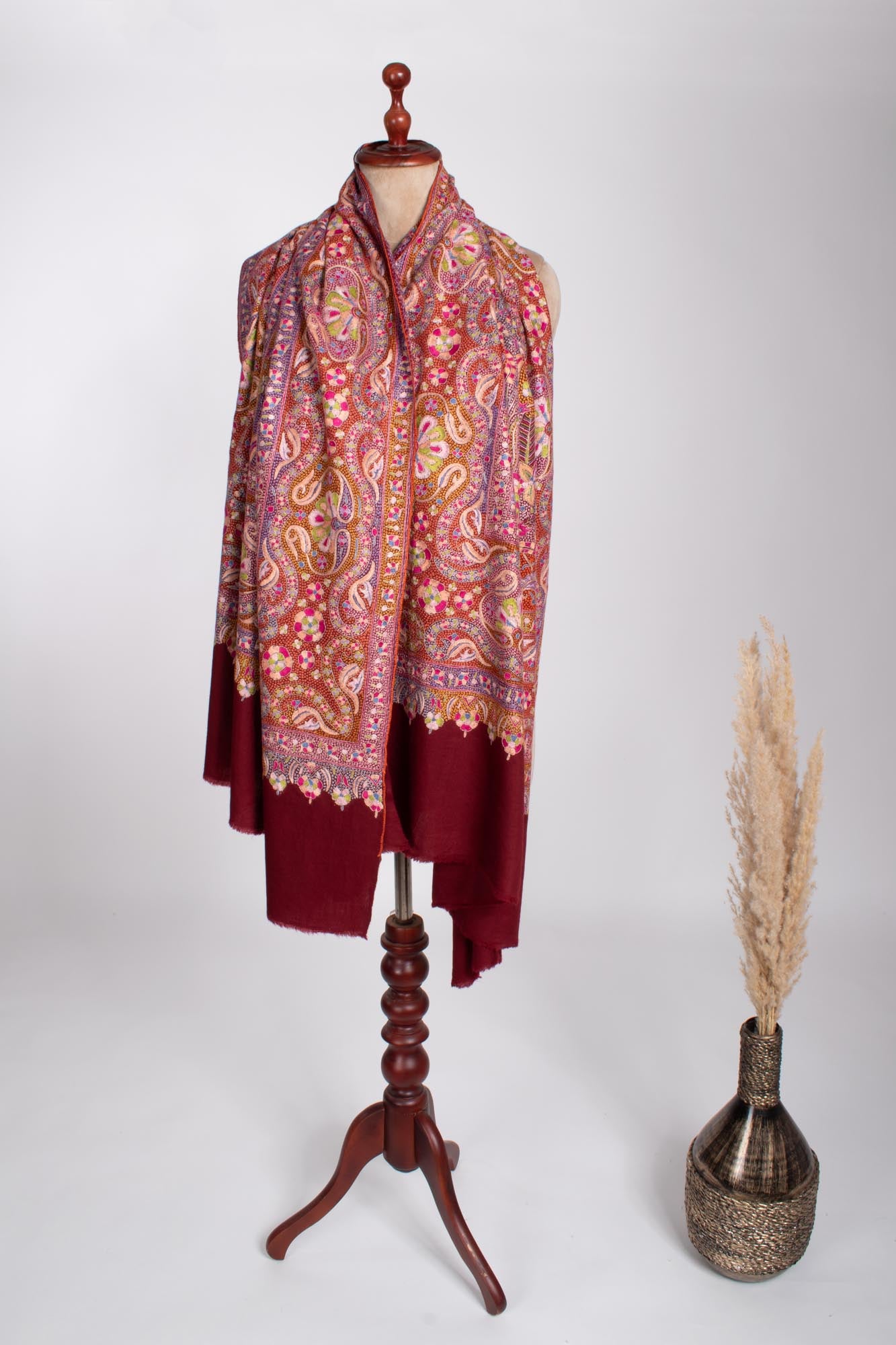 Maroon Hand Embroidered Papermachie Shawl - BARISHAL