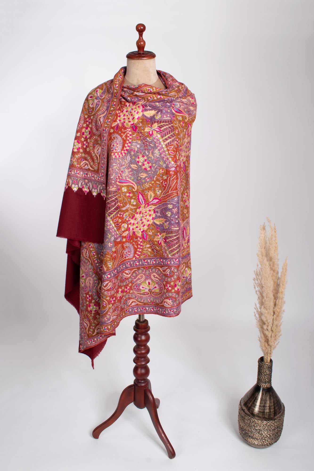 Maroon Hand Embroidered Papermachie Shawl - BARISHAL