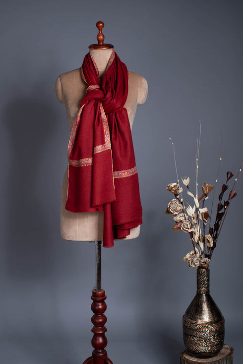 Maroon Pashmina Wrap adorned with meticulous Sozni Embroidery - CONWY