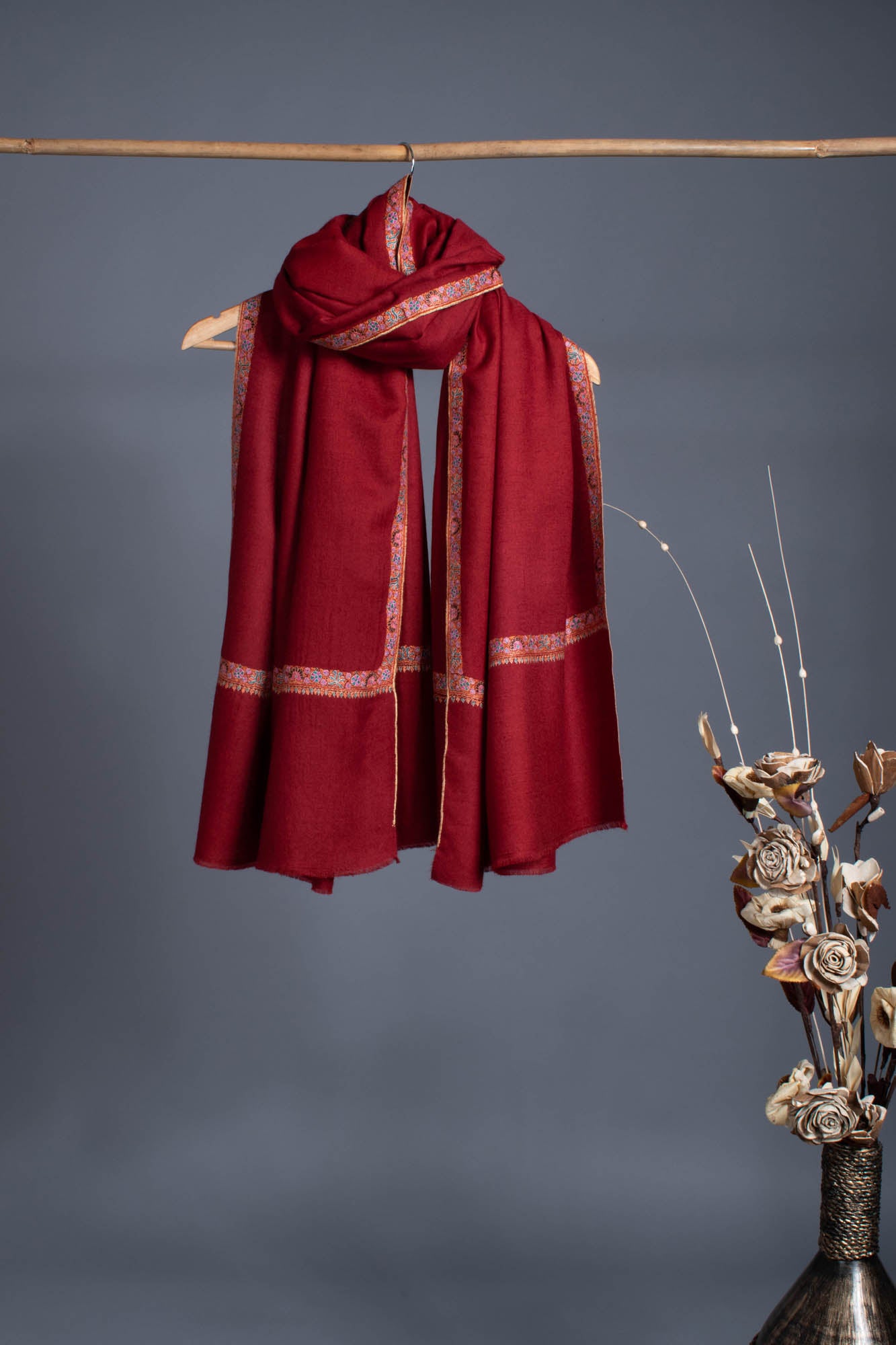 Maroon Pashmina Wrap adorned with meticulous Sozni Embroidery - CONWY