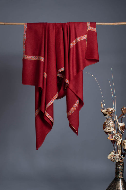 Maroon Pashmina Wrap adorned with meticulous Sozni Embroidery - CONWY