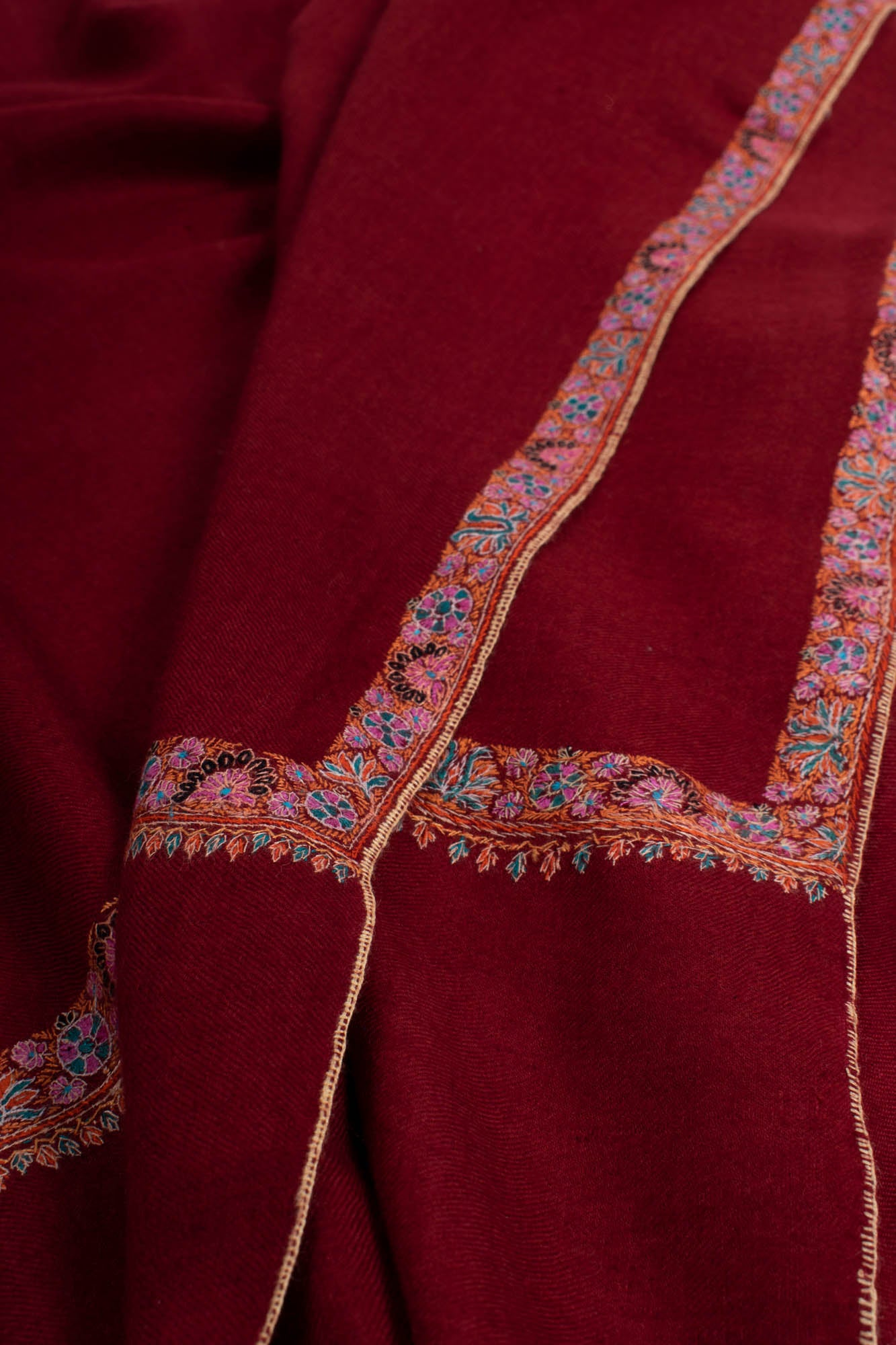 Maroon Pashmina Wrap adorned with meticulous Sozni Embroidery - CONWY