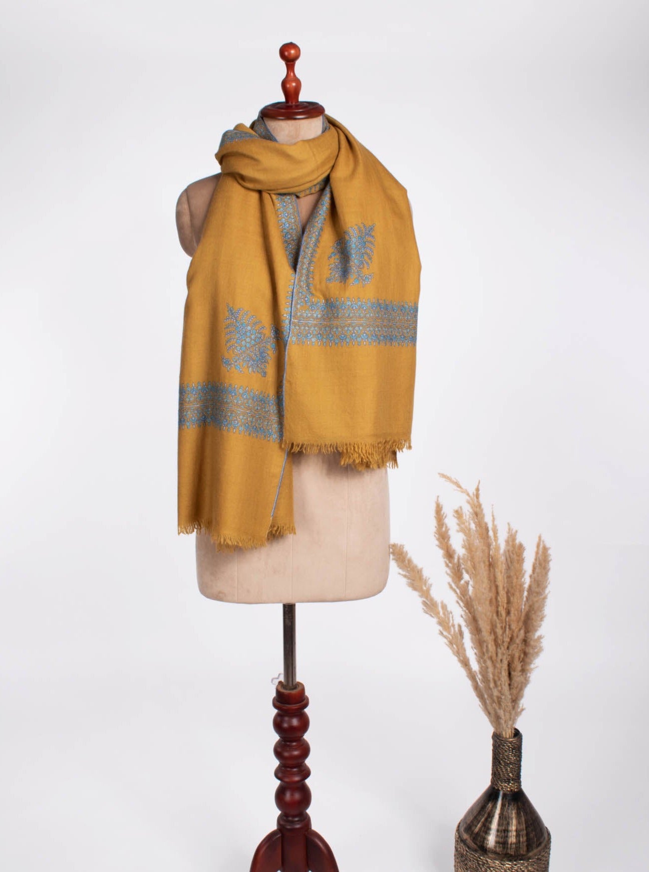 Mustard Embroidered Pure Pashmina Shawl - CULVER