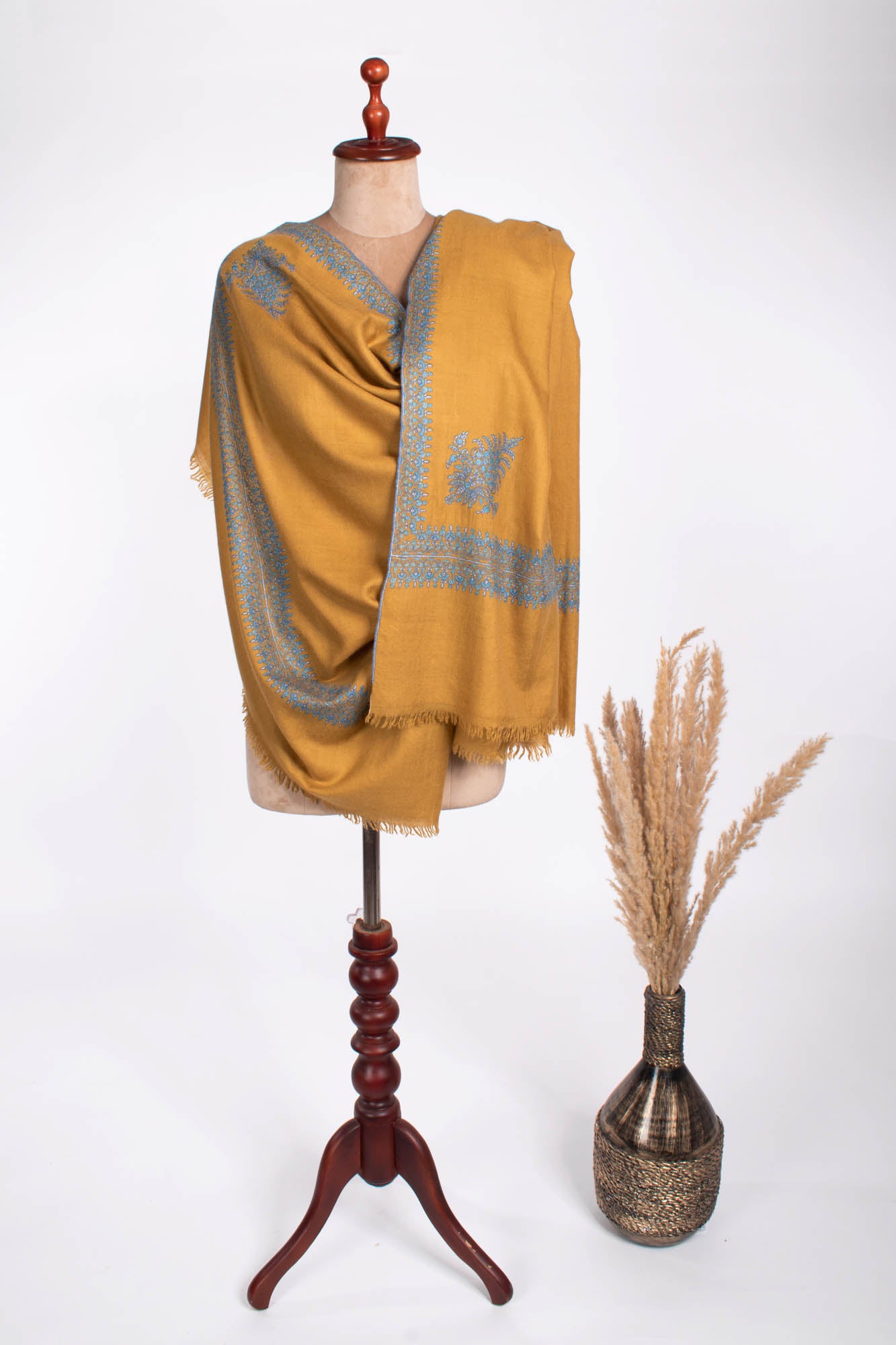 Mustard Embroidered Pure Pashmina Shawl - CULVER