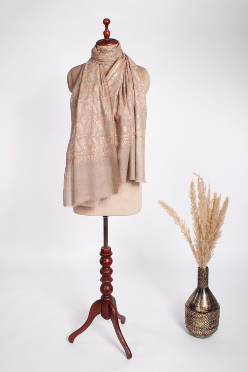 Cashmere Wrap in Natural Grey With Hand Sozni Embroidery - DEMOPOLIS