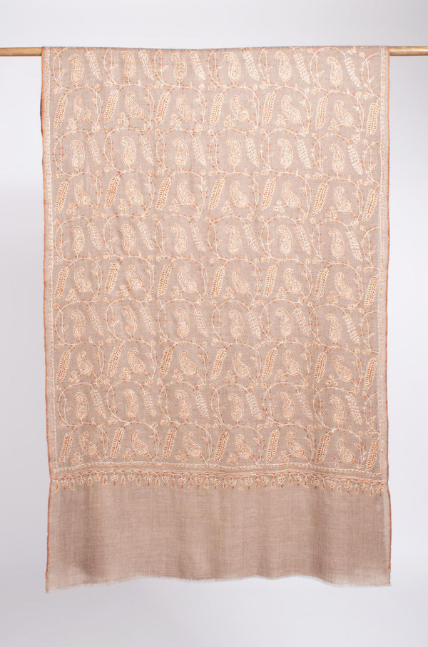 Cashmere Wrap in Natural Grey With Hand Sozni Embroidery - DEMOPOLIS