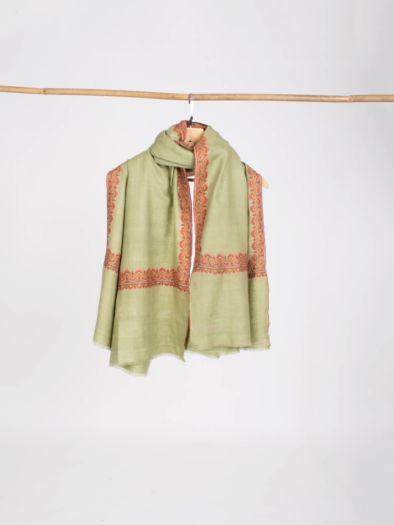 Olive Green Silken Embroidered Beautiful Cashmere Wrap - HELBYVILLE