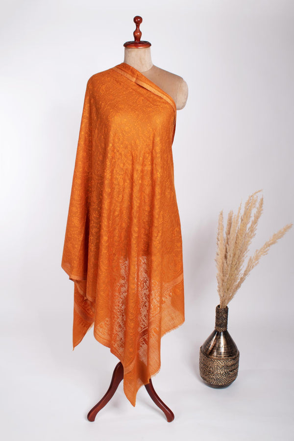 Orange Hashia With Jali Hand Embroidered Pashmina Wrap - PURBECK