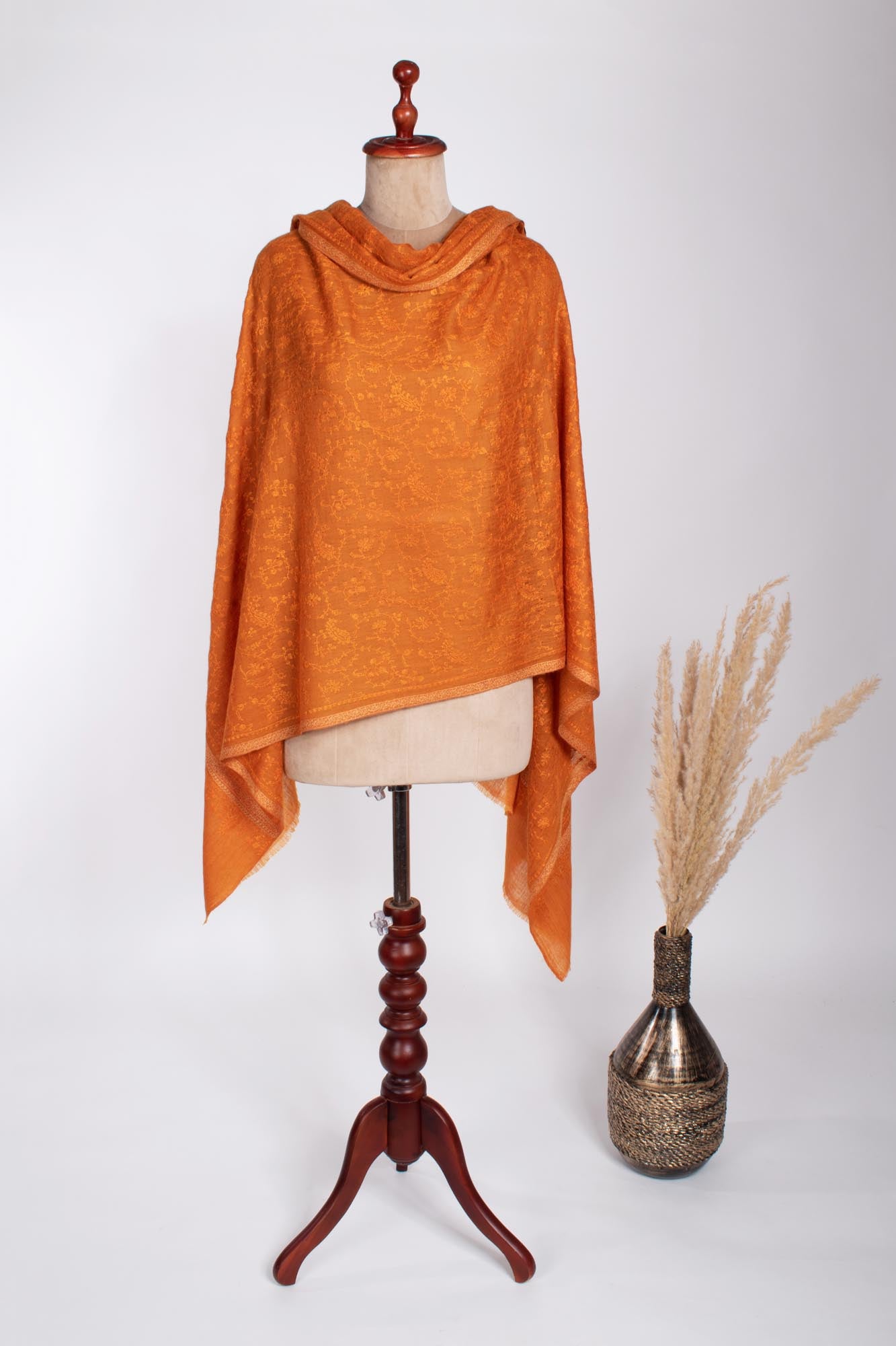 Orange Hashia With Jali Hand Embroidered Pashmina Wrap - PURBECK