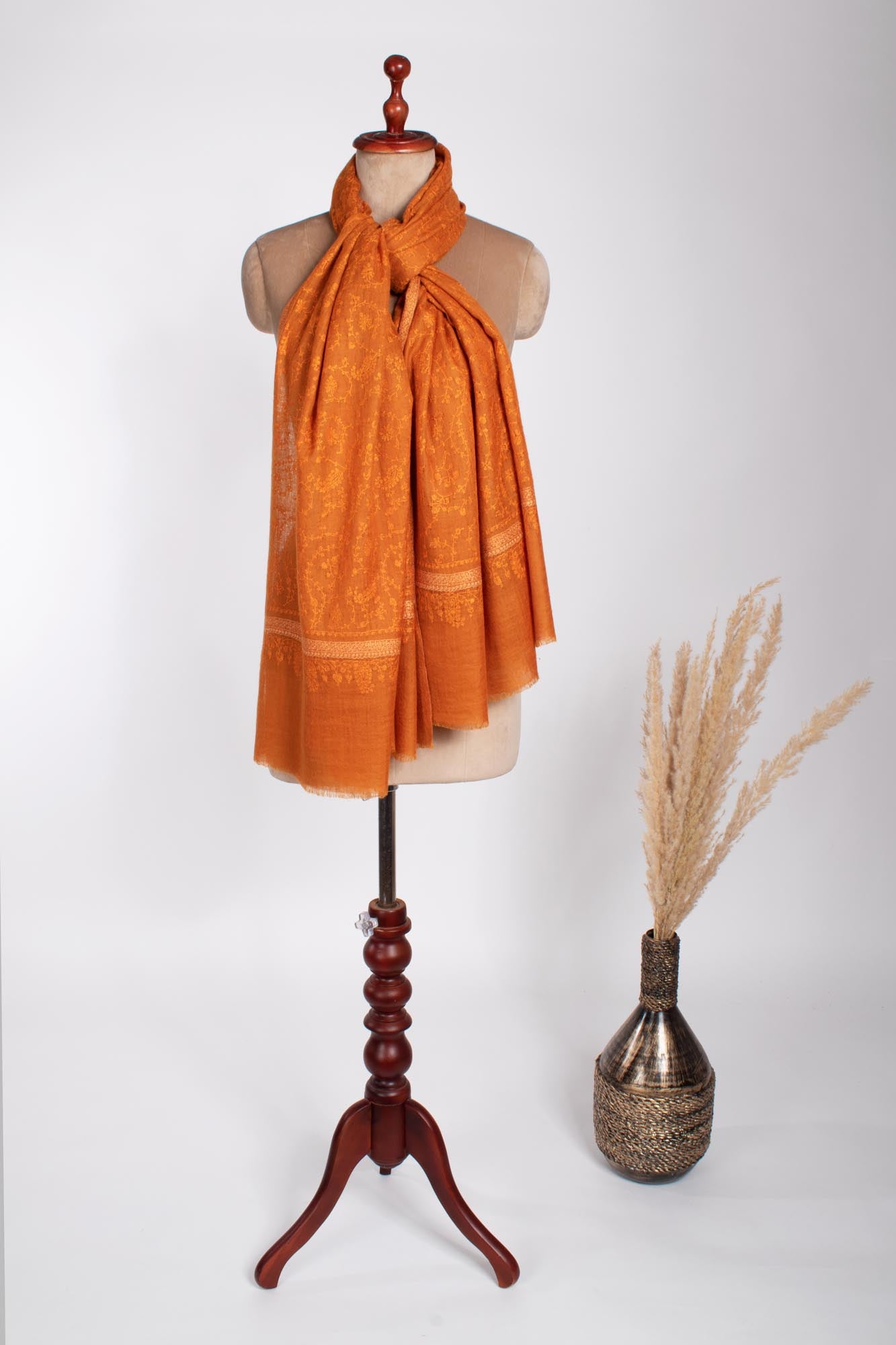 Orange Hashia With Jali Hand Embroidered Pashmina Wrap - PURBECK