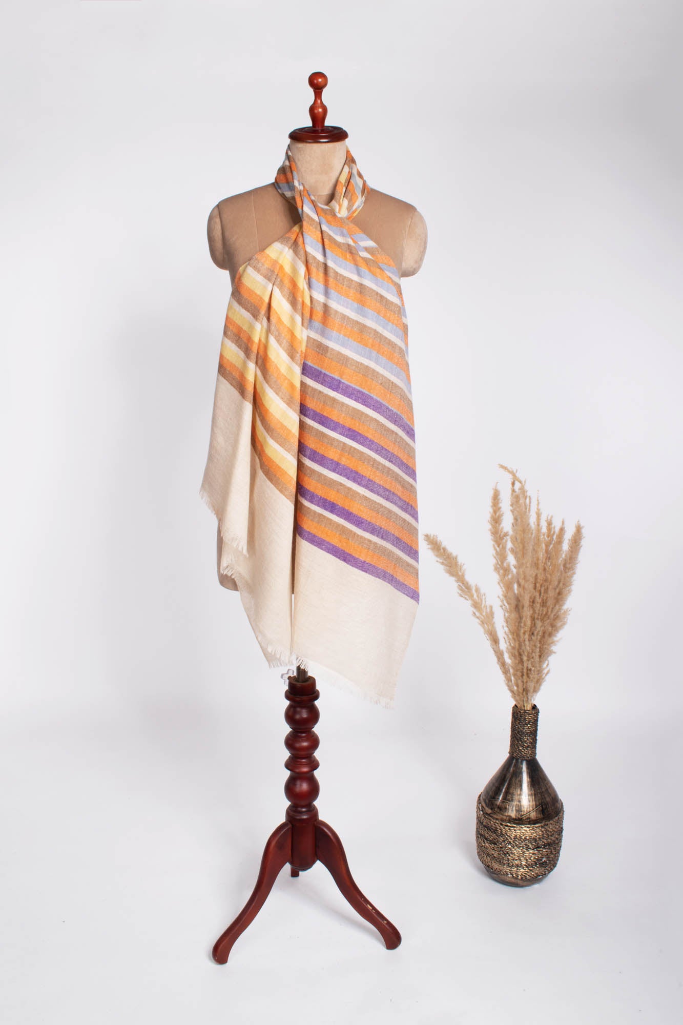 Handloomed Orange White Stripe Cashmere Scarf - BEXHILL