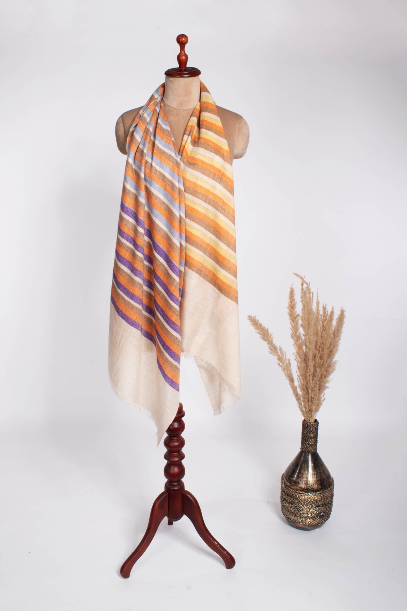 Handloomed Orange White Stripe Cashmere Scarf - BEXHILL