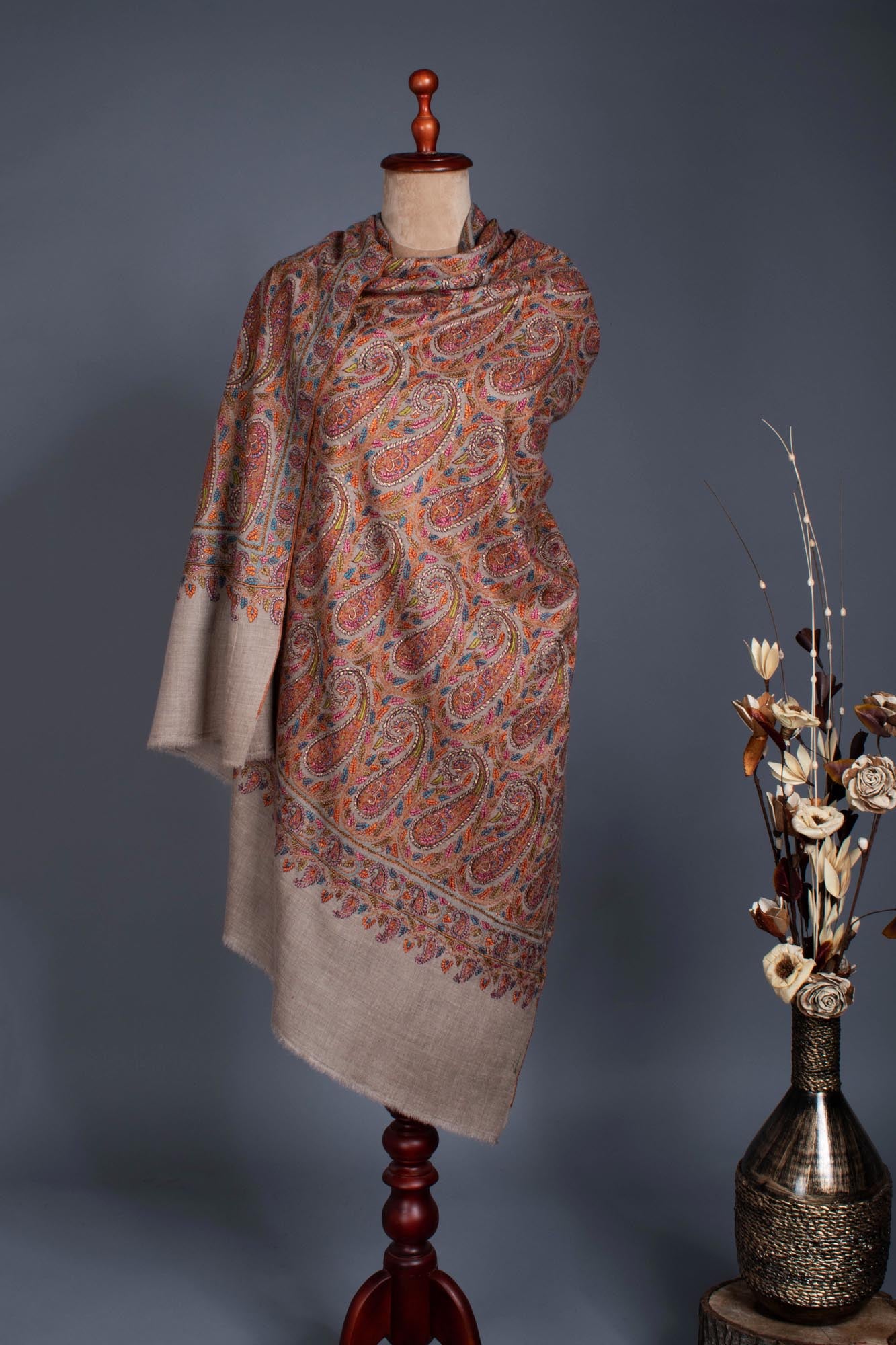 95 Paisley Authentic Beige Wedding Jamavar Shawl - KENNEDY