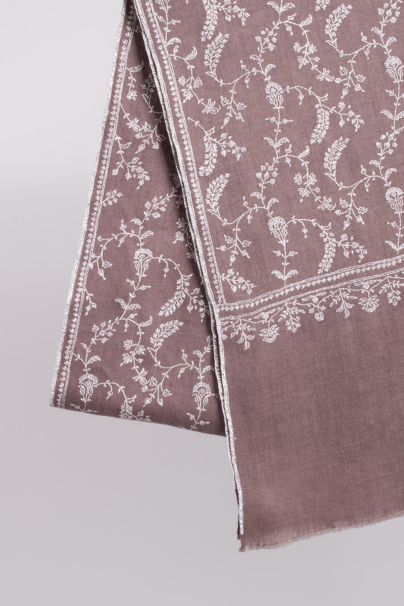 Oyster Grey Cashmere Embroidered Stole - WALES