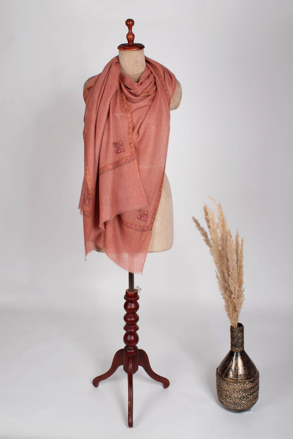 Soft Cashmere Scarf in Peach with Hashia Hand Embroidery - DOTHAN