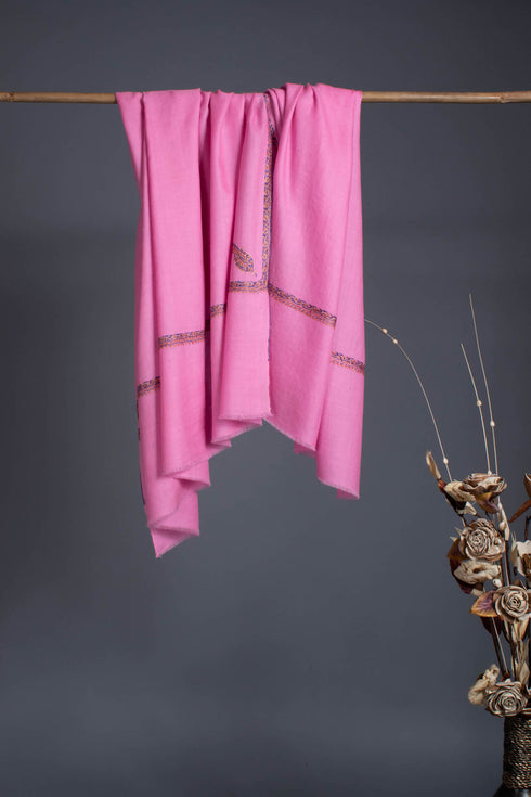 Pink Hand Embroidered Baildar Cashmere Pashmina Wrap - HIRWAUN