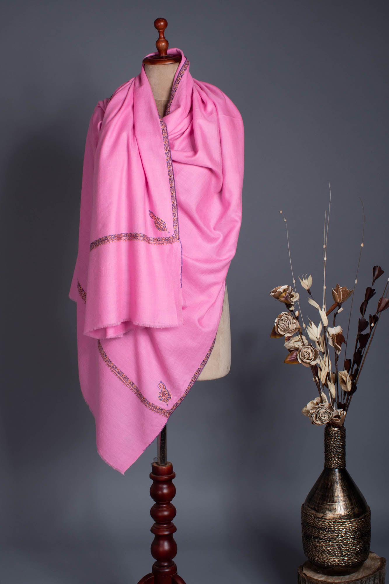 Pink Hand Embroidered Baildar Cashmere Pashmina Wrap - HIRWAUN