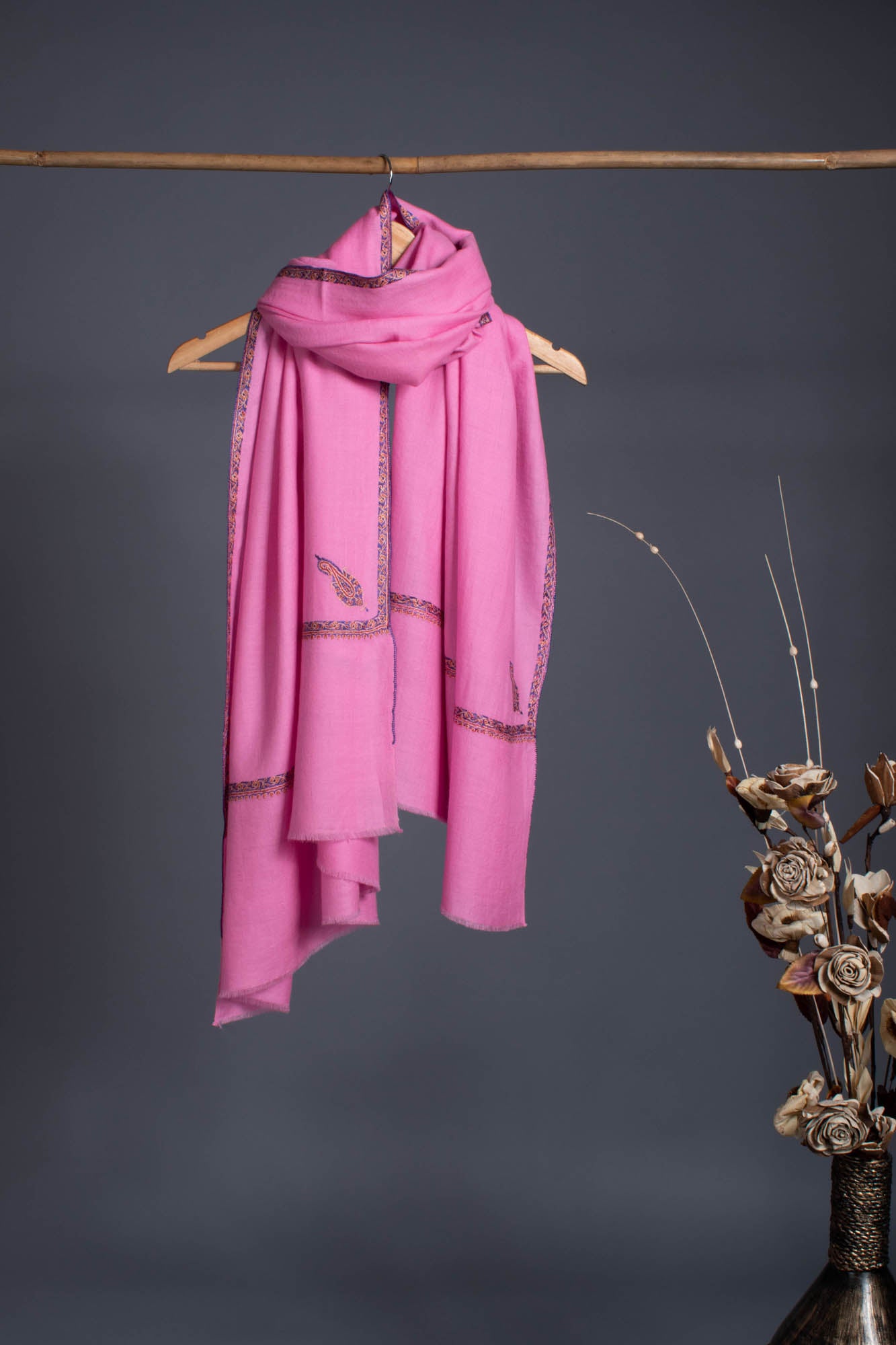 Pink Hand Embroidered Baildar Cashmere Pashmina Wrap - HIRWAUN