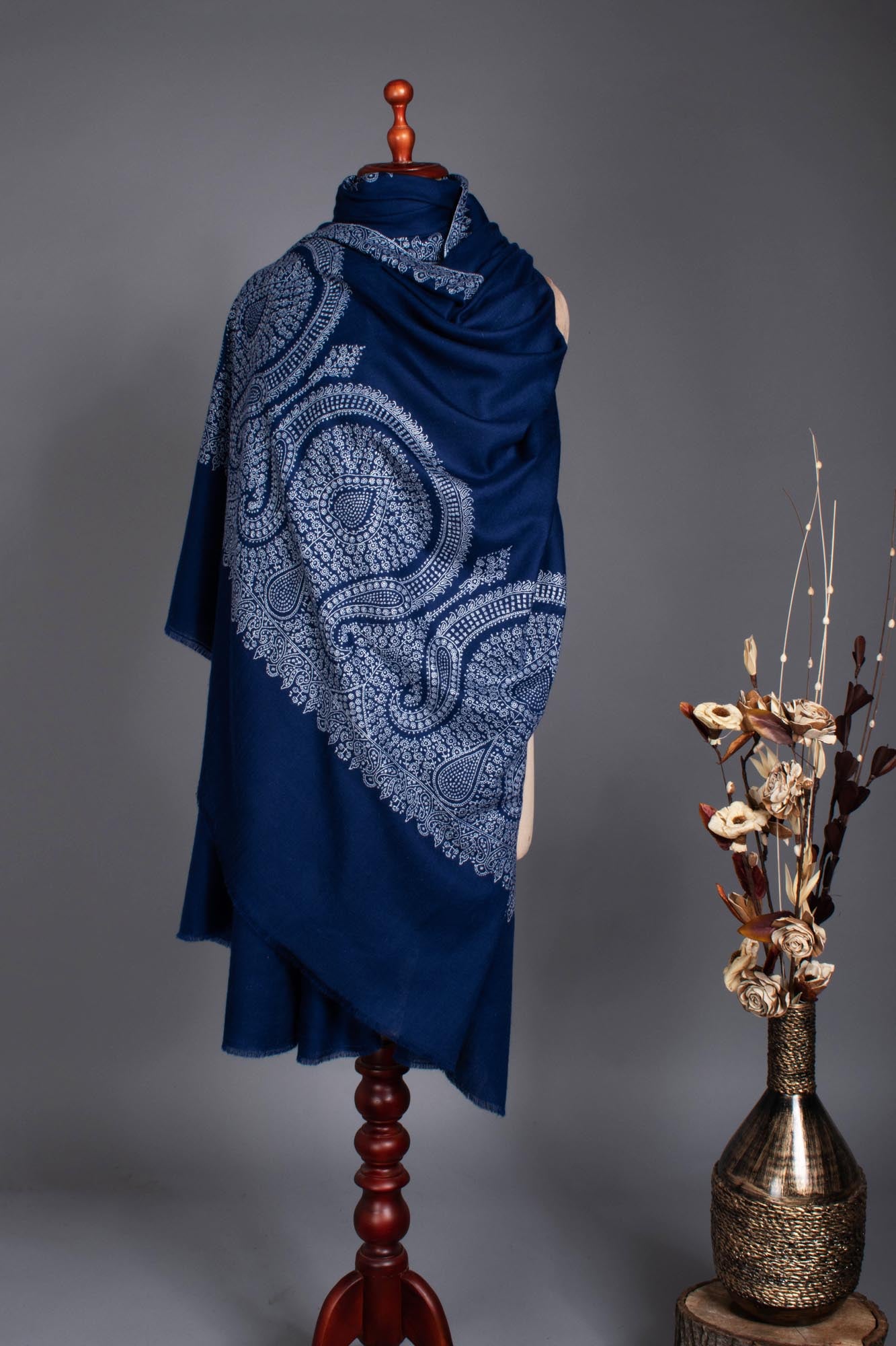 XL Prussian Blue Pashmina Wrap with Palla Embroidery - SAIDPUR