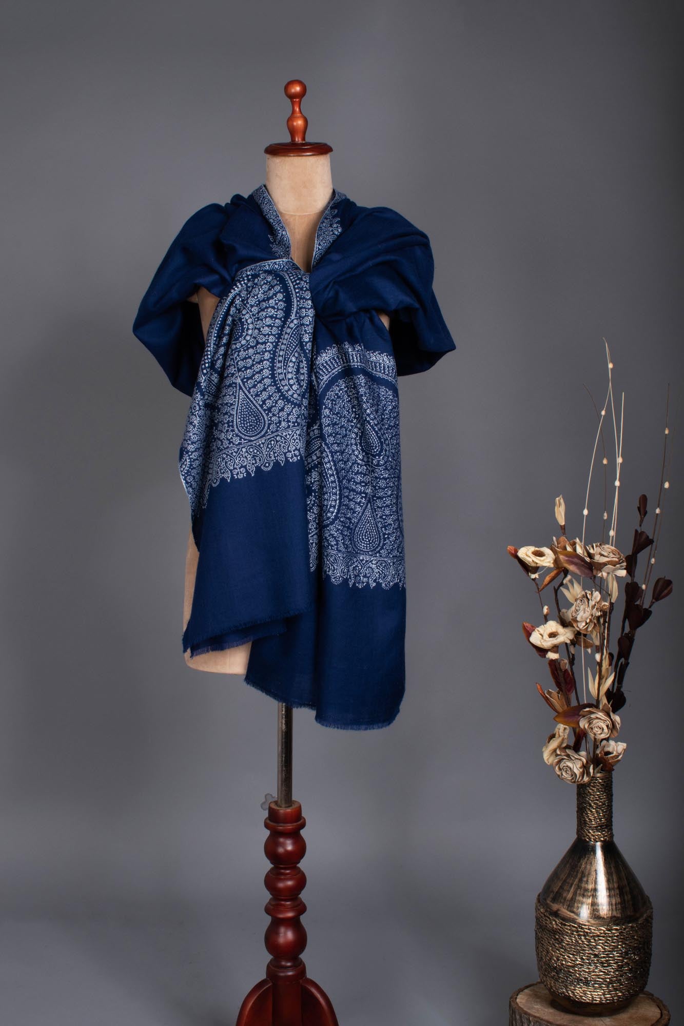 XL Prussian Blue Pashmina Wrap with Palla Embroidery - SAIDPUR