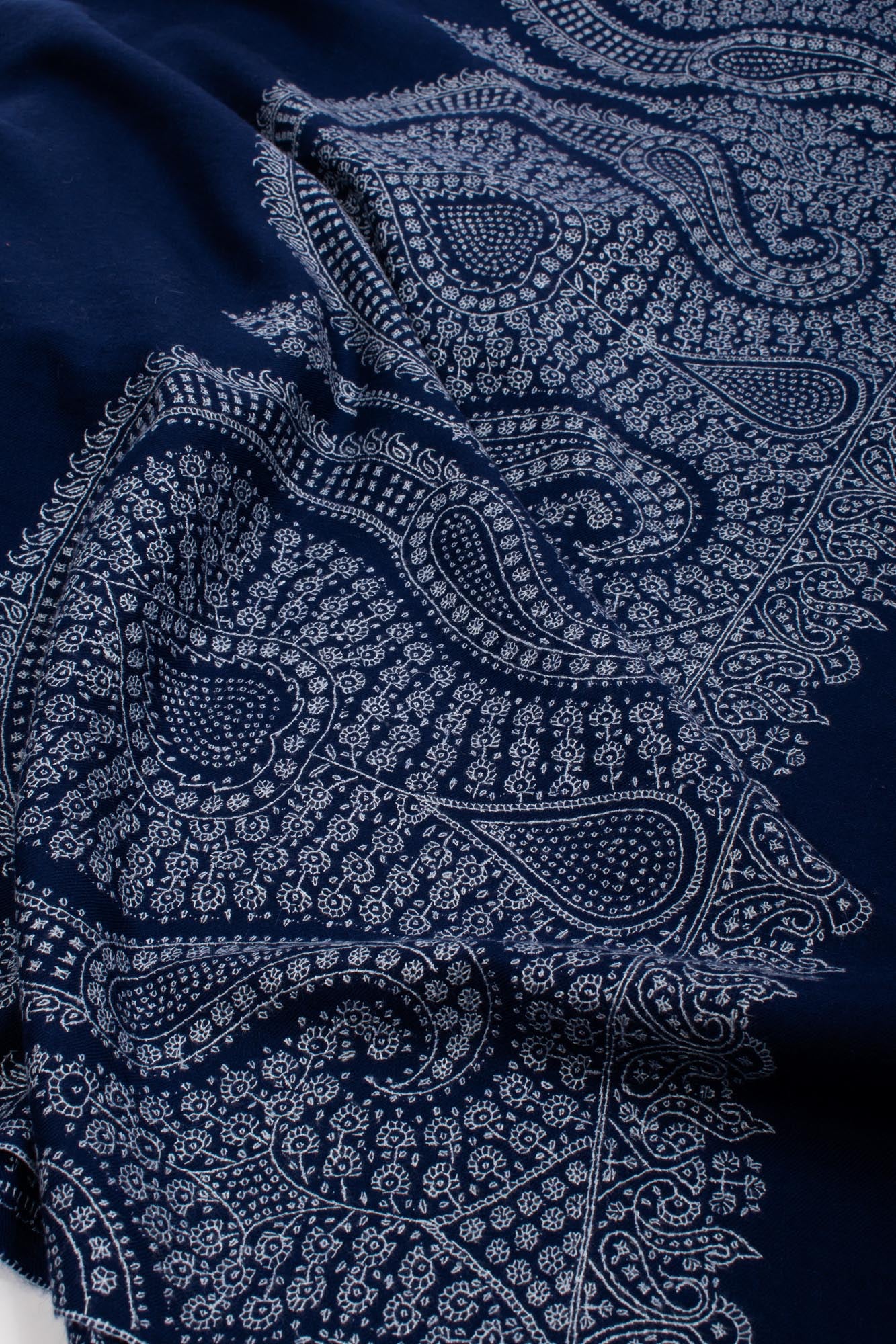 XL Prussian Blue Pashmina Wrap with Palla Embroidery - SAIDPUR